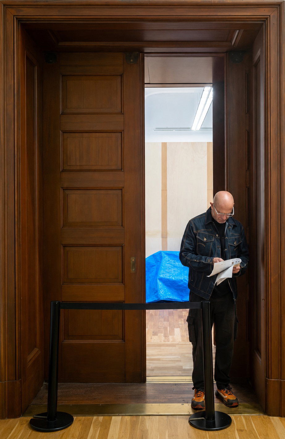 Pieter Hugo reading in a gallery doorway